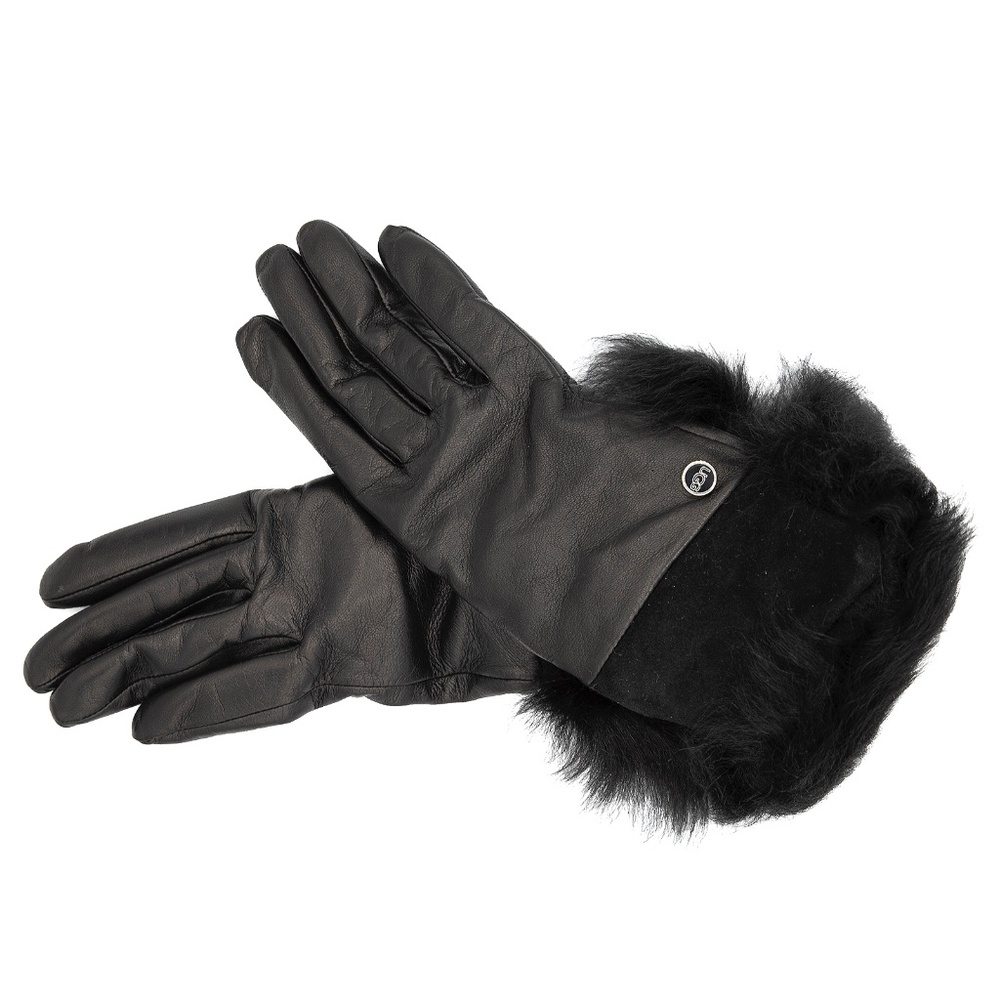UGG Quinn Black Leather Fur-Cuff Tech Gloves NEW :)